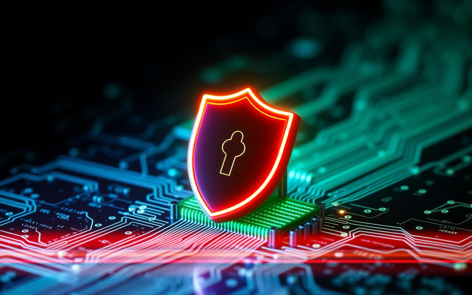 Neon shield over a circuit board representing cybersecurity