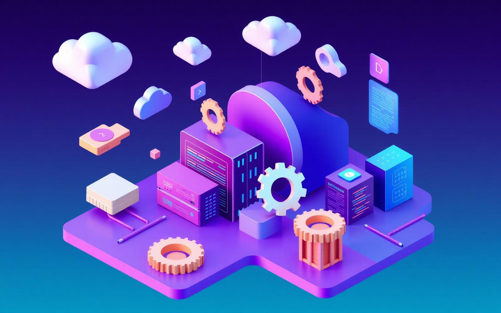 Isometric illustration of cloud services, gears and code blocks
