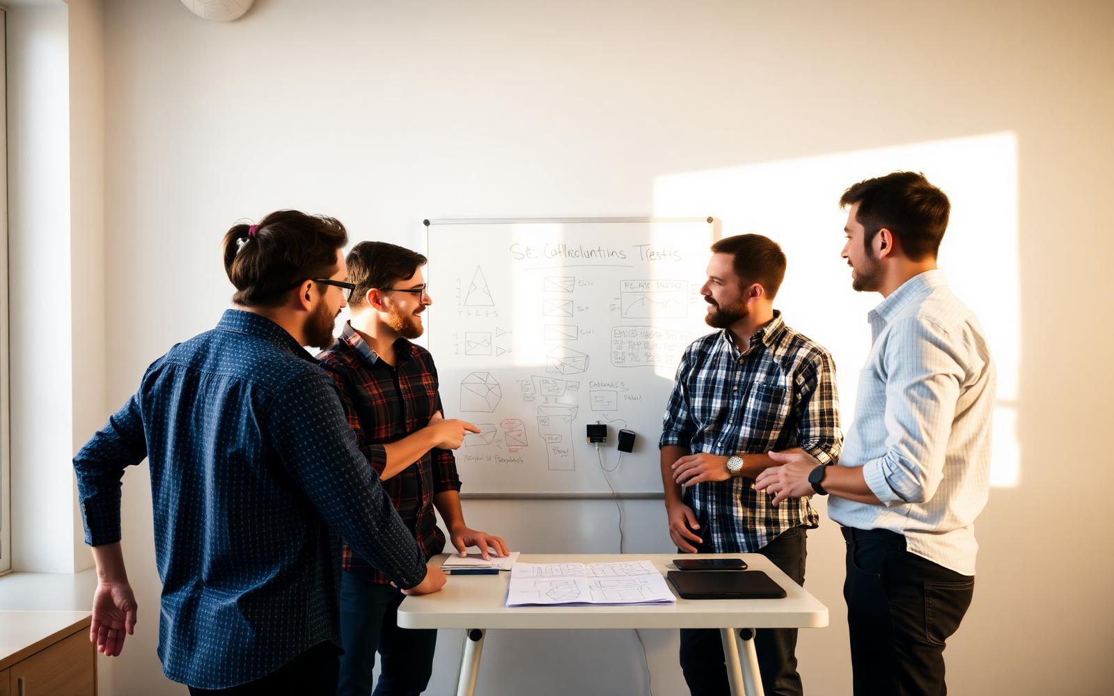 Engineering team collaborating around a whiteboard